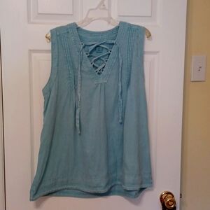 Artisan NY aqua blue 100 Linen tunic, sz L. Crisscross ties in the front